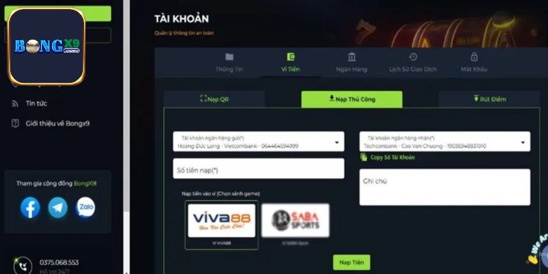 Quy trình hướng dẫn nạp tiền Bongx9 chi tiết nhất